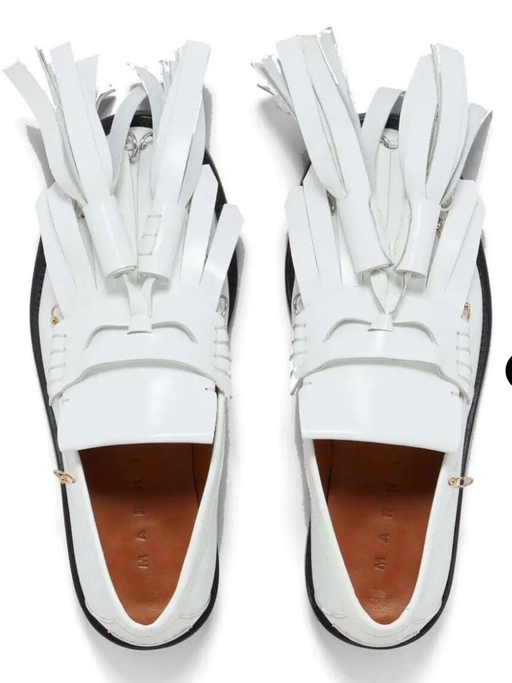 MARNI Tassel Detail White leather fringe loafers gold and silver hardware sz 40